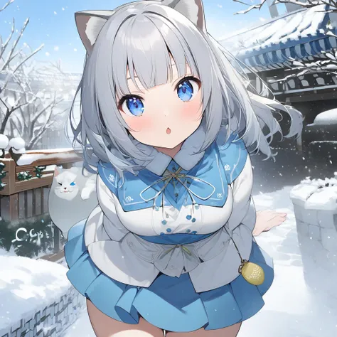  One girl ,  shortcuts,  blue eyes,  gray hair、 miniskirt、cat、garden、snow、Have A Great New Year! Character