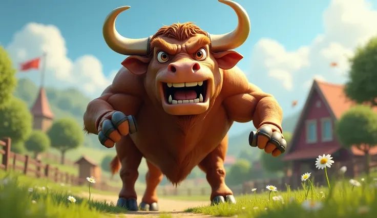 a big, fierce bull 3d on a beautiful farm, laughing