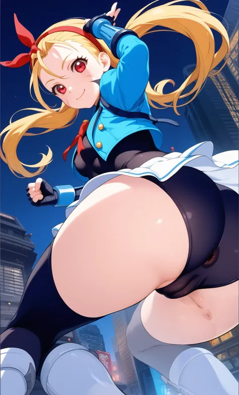 (Red ribbon on headband: 1.2), Ichigo Hoshimiya cosplaying Cammy, Cammy leotard, cameltoe, covered anus, fighting pose, Ichigo Hoshimiya hairstyle, blonde, solo, girl, red eyes, top quality, masterpiece , high resolution, viewers facial expression, smile, ...