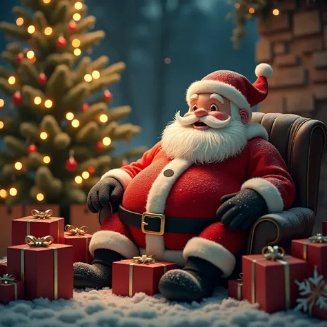 , a fat  in a Santa Claus costume, sitting, sheepin presents.,Theres a Christmas tree lit up at night ,winter