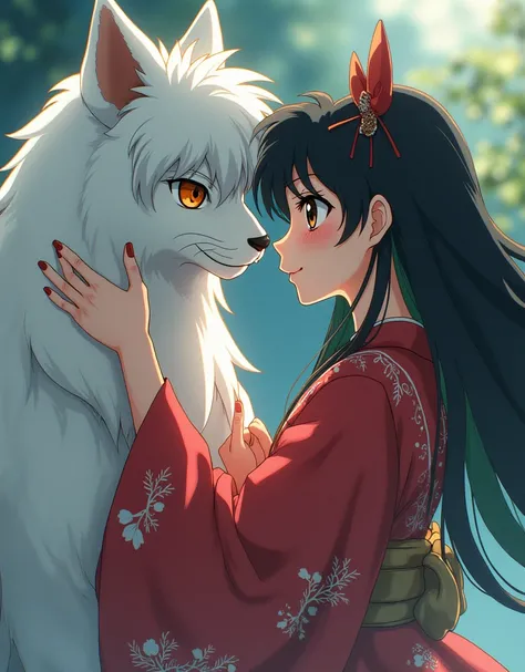  ANIME WOMAN , dark brown eyes,  white hair with green tips,  dressed in a traditional kimono, with Sesshomaru from InuYasha .