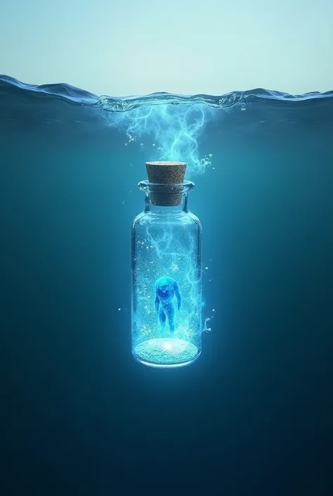 Small glass bottle with cork that is  inside,  falling into the sea and that is shrouded by a blue power or magic