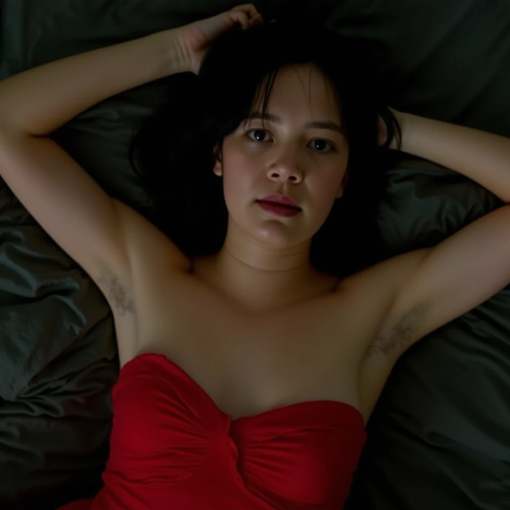 Poppy Li, picture from above, lying limp on a bed on back, red strapless dress , drunk face, arms up