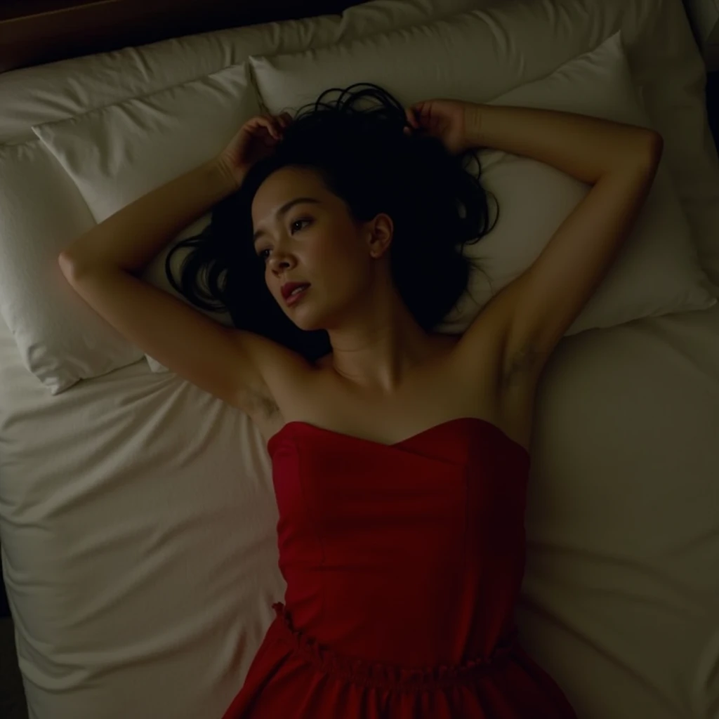 Poppy Li, picture from above, lying limp on a bed on back, red strapless dress , drunk face, arms up, closed eyes