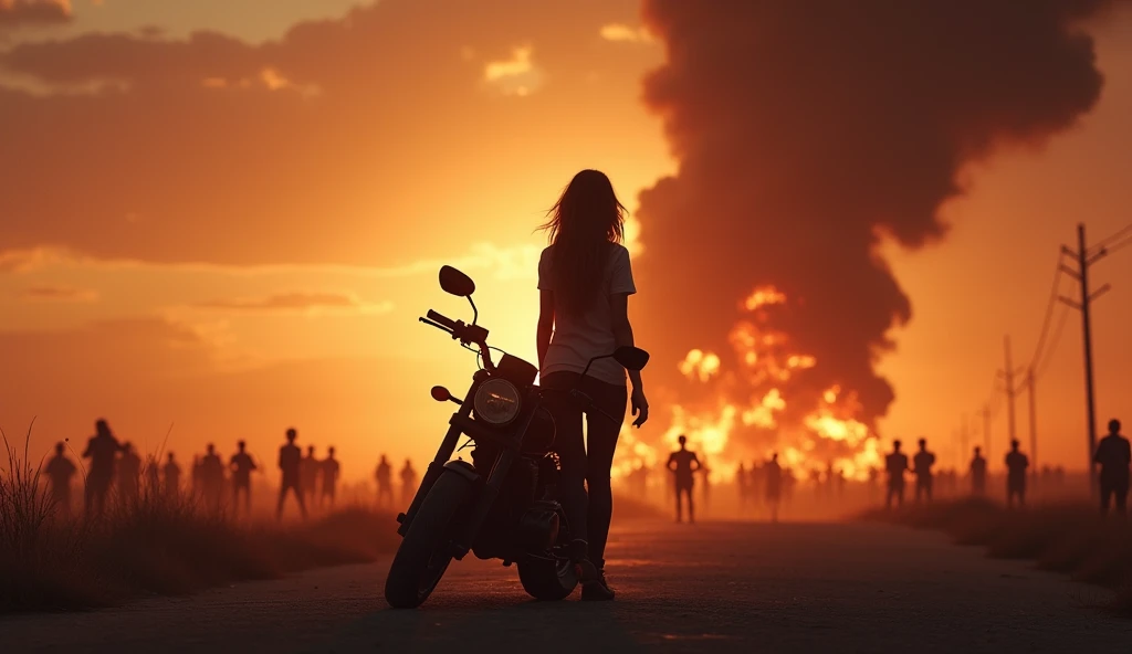 Amelia stands silhouetted against the horizon, her motorcycle at her side. In the distance, faint figures of townsfolk prepare to fight amidst glowing fires and chaos. The explosion smoke forms eerie shapes in the sky, and Amelia’s posture exudes both conf...