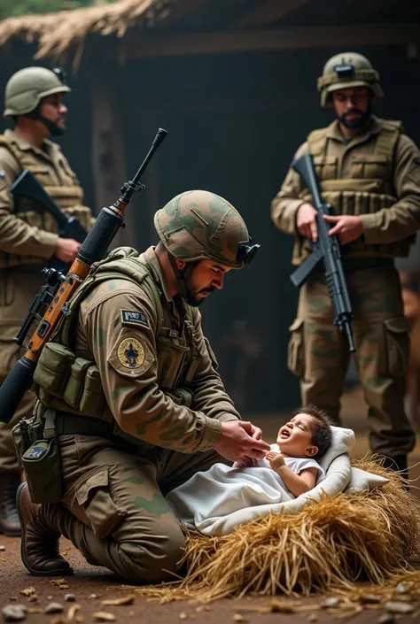 An image of a nursing soldier wearing the camouflage of the Colombian army ,  with a rifle in his back who is kneeling helping the Virgin Mary giving her first aid at the birth of the  God in the manger, surrounded by animals ,  José and more soldiers with...