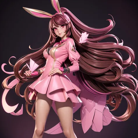 Golden bunny ears girl anime inside pink ears, red pink eyes, dark brown hair and black dress, all framed in gold, cute 3D look, holding cards in left hand for mobile games Bunny Girl Big breasted cute bunny girl realistic fantasy art mobile game art Digit...