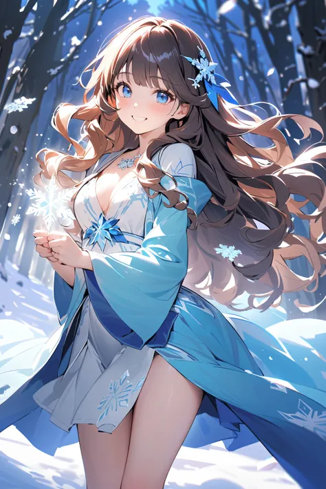 1 girl, (cute face), young girl, (long wavy hair), (playful smile), (medium breasts), slim, (wearing ice mage robes), ankle-length, (shimmering blue fabric),  
BREAK  
Snowy forest, sparkling icicles, (casting a snow spell:1.2), (surrounded by swirling sno...