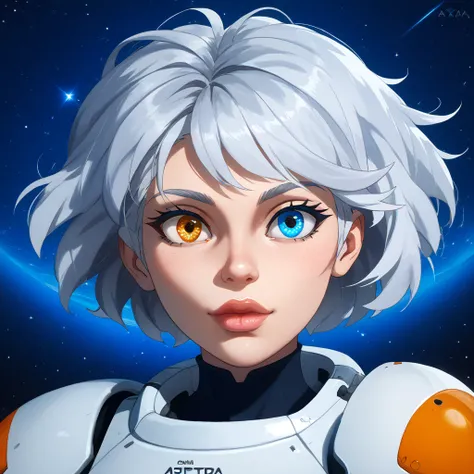 (Close-up of a better masterpiece:1.5)0.9], (Space and astronauts:1.2) (Messy silver hair:1.1) (Heterochromia xanthochromia and blue eyes:1.2) (Space Helmet:1.0) (Colored stars in the eyes:1.0) (A radiant glow:1.1) (thick lips:0.9)