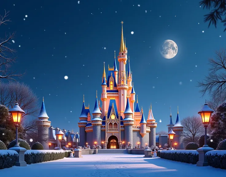 Snowy Christmas Eve at grand Disney castle; fairytale gigantic castle, covered in glistening snowflakes, under a star-studded, deep blue night sky. Intense, diffused snowfall; detailed, light-hued snow accents the castles turrets and walls with a soft glow...