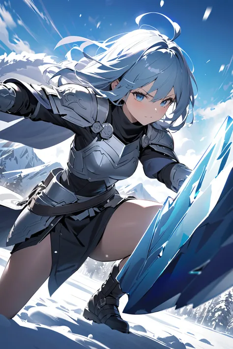 1 girl, (cute face), young girl, (shoulder-length hair), (determined expression), (small breasts), slim, (wearing winter warrior armor), knee-length, (fur-lined details),  
BREAK  
Frozen tundra, distant mountains, (charging through snow:1.2), (holding a f...