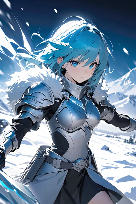 1 girl, (cute face), young girl, (shoulder-length hair), (determined expression), (small breasts), slim, (wearing winter warrior armor), knee-length, (fur-lined details),  
BREAK  
Frozen tundra, distant mountains, (charging through snow:1.2), (holding a f...