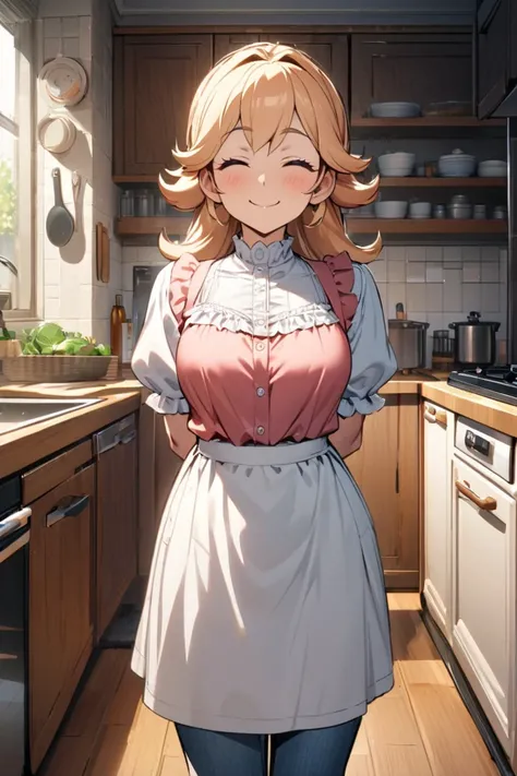 best quality,ultra-detailed,girl,pov,looking at viewer,denim pants,blouse,white apron,kitchen,room,indoors,smile,calm,standing,(arms behind back,(happy closed eyes smile:1.2),middle chest,middle hip,old woman,princess peach,