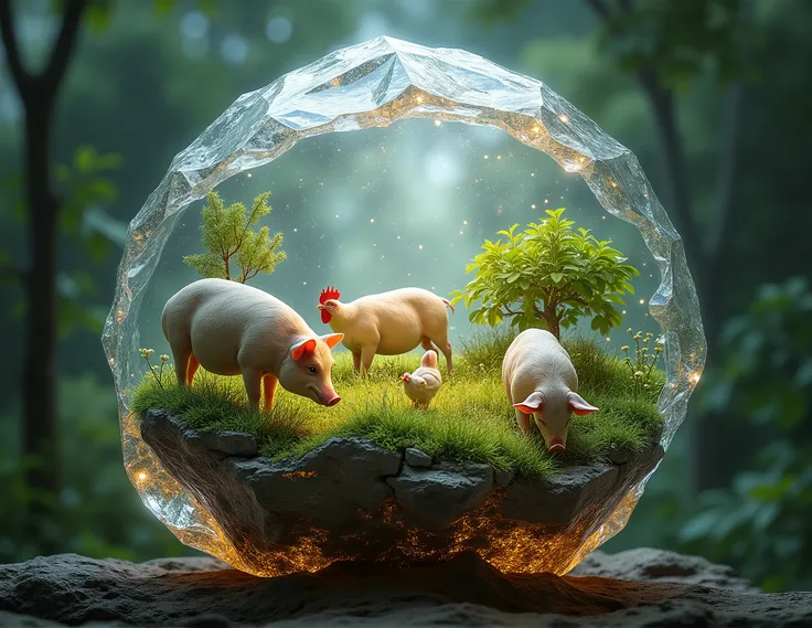  extremely hyper realistic natural photo of a glowing crystal with a micro-farm inside it.  Include animals such as pigs and chickens grazing in fields ,  surrounded by shiny, translucent crystal walls . The light inside the crystal should radiate softly .