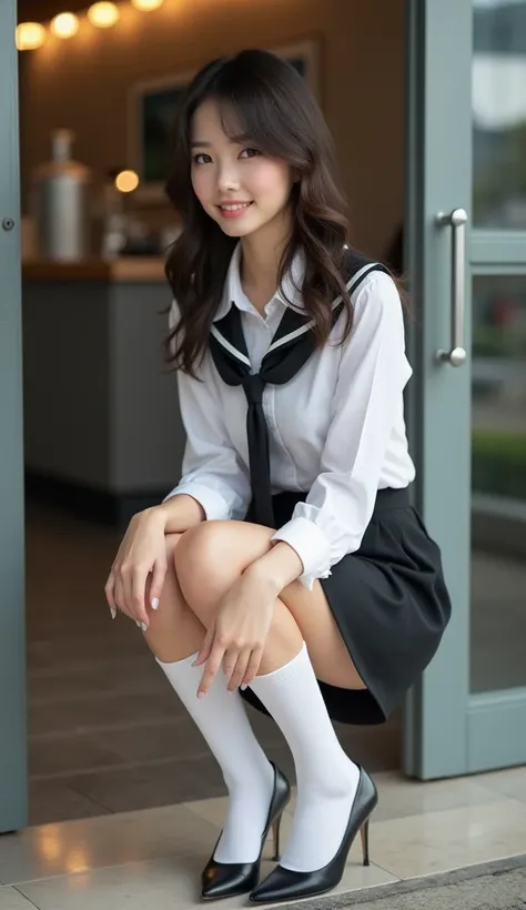 （   photorealistic  ：1.2）、      Beautiful Japanese model her 20s model 39     ;    thick legs、    Female bank employee in uniform         、28-year-old beauty 、  business uniforms  、     squatting at the entrance of the studio   黒high heels by Miguel , very...