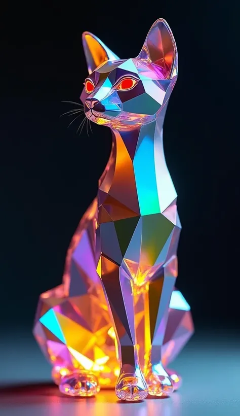 A polygonal glass sculpture of a seated cat made from a mix of vibrant rainbow colors including purple, green, gold and blue. The glass surface reflects and refracts the light, creating a prismatic effect with rainbow-like highlights. The cat has sleek, mi...