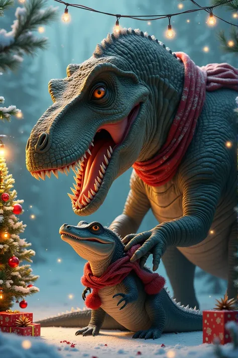 Tyrannosaurus hugging a Caiman at Christmas