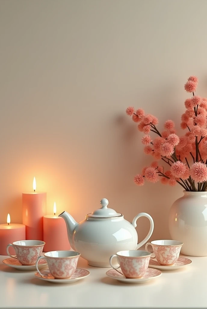 a still life of a teapot along with cups and candles, i want a plain background and add details to objects, add a vase of plants