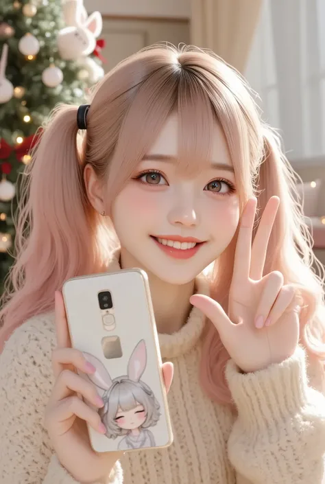 She is a beautiful girl,(long blonde hair with pink tips,twin tail, playful pose, winking and smiling, hand making a V-sign near her eye,smile that makes everyone happy), solo, she is in a stylish and modern living room. There is a tall Christmas tree deco...