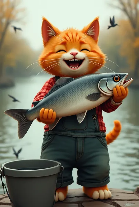 Realistic The orange cat proudly holds the large silver fish with both paws, grinning happily. Its clothes—now slightly wet—still include the red checkered shirt and overalls. The bucket is now partially filled with water, and the same calm river flows in ...