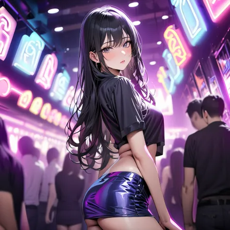 (masterpiece,best quality:1.4),(highres,perfect anatomy:1.2),(photorealistic:1.3), korean young adult, in crowded nightclub, slim figure,  long hair, looking at viewer,  neon lights, blurred background, mini skirt, black hair