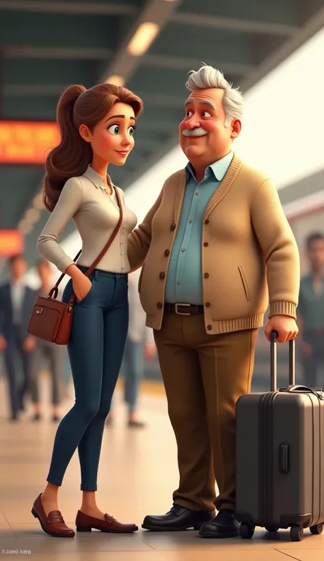 A bustling train station where Emma, a young woman in her early 20s, is helping an elderly man, Mr. Carter. Emma has fair skin with a rosy complexion, an oval face with bright green eyes, a slightly upturned nose, and soft pink lips forming a warm, friendl...