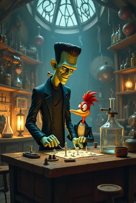  Frankenstein and Woodpecker  ( from the cartoon ) together in a laboratory filled with old equipment."