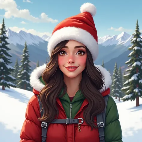 femme colombienne de 24ans brune avec les yeux marrons sur une piste de ski en tenue de noël et un bonnet de noël