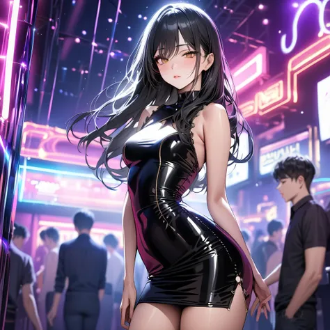 (masterpiece,best quality:1.4),(highres,perfect anatomy:1.2),(photorealistic:1.3), korean young adult, in crowded nightclub, slim figure,  long hair, looking at viewer,  neon lights, blurred background, middle skirt, black hair