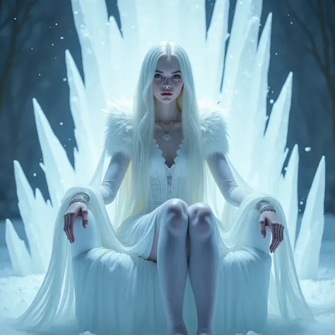 background the Frost, white Aura , hips up, 8k, hd, from knees to head picture poses, only show from knees to head poses, milky white skin, focus on the character, human skin, sitting on a throne mode of ice crystals ,  close distance photo,1girl, Solo, ul...