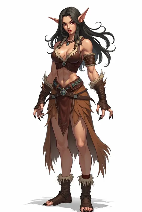 full-body character,  persona design ,  extreme details ,  a woman with an indigenous body ,  muscular body ,  thick and long hair on her head and body,  face and aggressive appearance ,  claws on hands and feet,  medieval clothing made of indigenous leath...