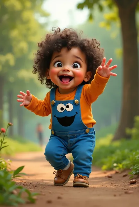 toddler, Latino, sticking out her tongue, curly hair, background the park, outfit cookie Monster