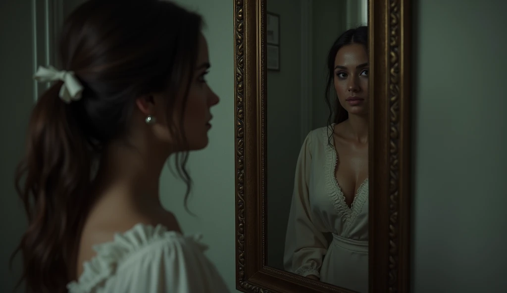 a woman looking at herself in the mirror, the reflection that appears in the mirror is of a man