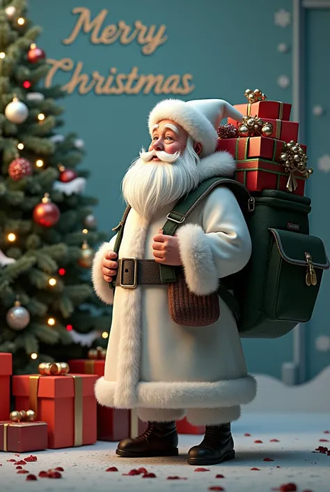 A ultra realistic santa clause wearing fully white costume having gifts on the backpack standing beside a Christmas tree.The image also merry Christmas writting.