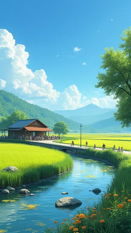 A realistic poto shows a rice field ,  with a river flowing across the road .  The bright daytime weather illuminates the landscape ,  creating a beautiful contrast between the colors of nature .  The coffee shop appears simple yet crowded by visitors enjo...