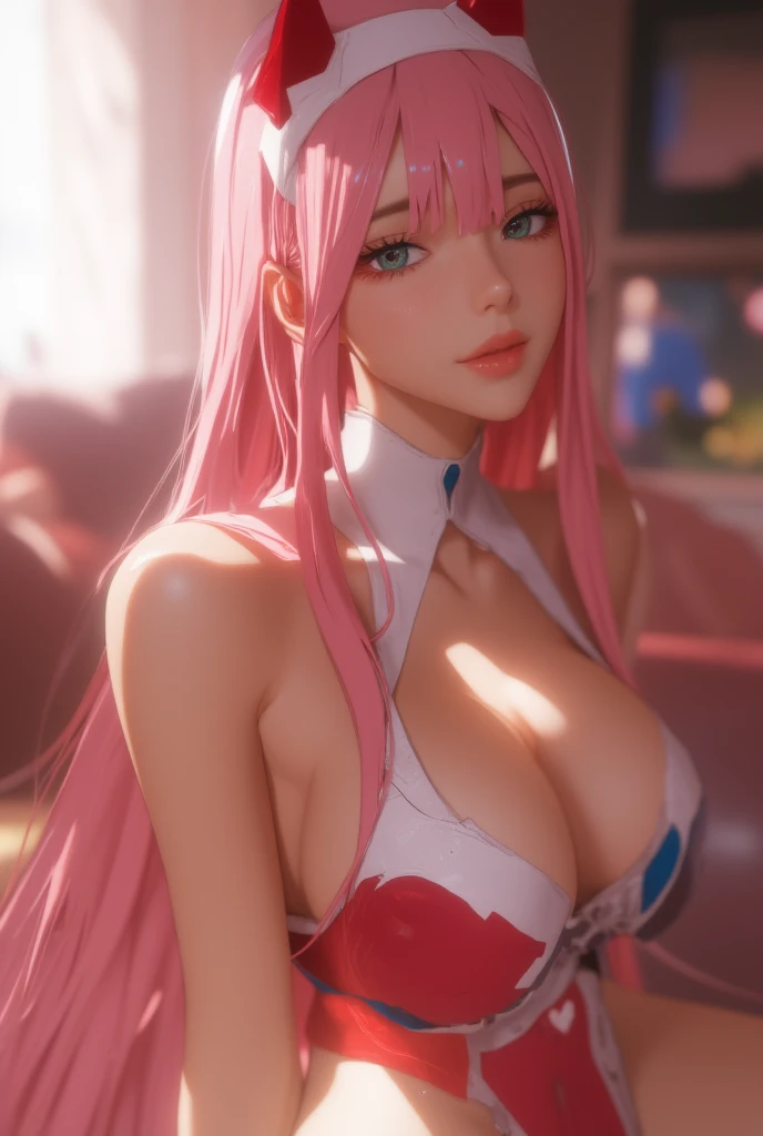 (  masterpiece,   better quality ),  a girl, Darling,4k, diadema, white headband,  beautiful face,Shiny hair, make-up,  eye shadow,  Very long hair,  popped bangs ,( pink hair  largo ),Horns,Horns rojos pequenas dajas,(  pink hair )(  pink hair  ),(  green...