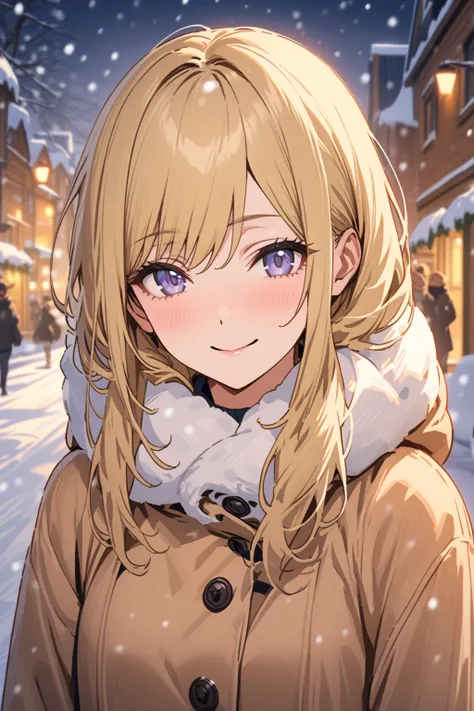 masterpiece,perfection,     A beautiful woman with kind eyes is staring at you, Blonde   ,    gentle smile  ,    Her expression is relaxed    , Snow Town, Winter clothes,    its snowing   ,  Cold twilight light    