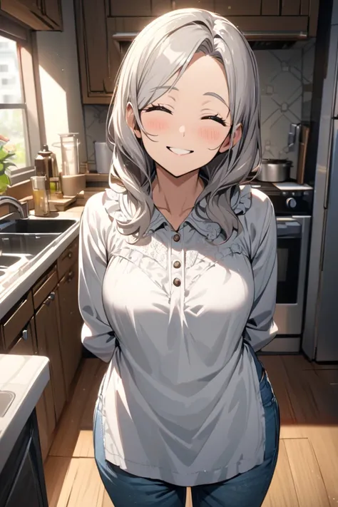 best quality,ultra-detailed,girl,pov,looking at viewer,denim pants,blouse,white apron,kitchen,room,indoors,smile,calm,standing,(arms behind back,(happy closed eyes smile:1.2),middle chest,middle hip,old woman,amagami,