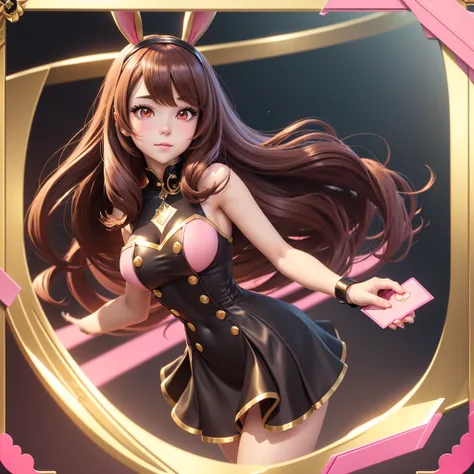 Anime girl, golden rabbit ears inside, pink ears, red pink eyes, dark brown hair and black dress, all framed in gold, cute 3D look, holding cards in her left hand for mobile game Bunny Girl Big Breasted Realistic Sweet Bunny Girl Fantasy Mobile Game Art Di...