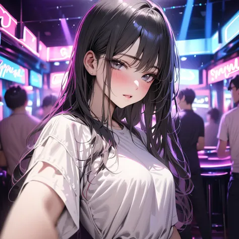 (masterpiece,best quality:1.4),(highres,perfect anatomy:1.2),(photorealistic:1.3), korean young adult, in crowded nightclub, slim figure,  long hair, looking at viewer,  neon lights, blurred background, white shirts, black hair, natural body line, skirt