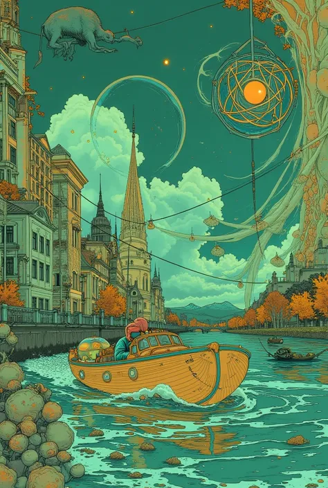   motorboat painting in Budapest、Illusion Art  、  DMT self 死亡  、  Psychedelic horror  、 green skies 、  high-detail fantasy art   、  DMT self   、  fear of shamans   、LSD Art、bell、Collage、Acacia、Goose、buffalo、 marauders on speedboats  、