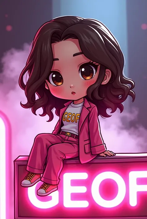 A chibi-style portrait of GEOF with undulated brown hair and expressive brown eyes.  She is casually dressed , but elegantly ,  in a pink silk suit ,  adorned with a GEOF blouse with gold letters , and pink Portillo tactical pants .  She is perched confide...