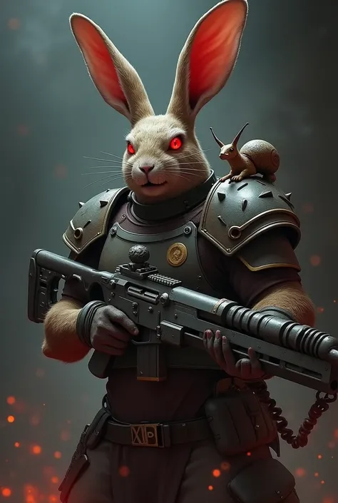    An evil killer , gladiator,  hare with red eyes, Shooting with a gun   ,    in your armor is written xp9    ,     in the shoulder a small snail   