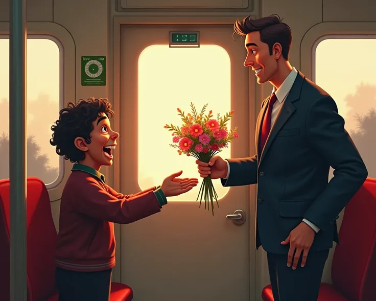 The beggar now holding a bunch of flowers, excitedly approaches the tall man in the train. The beggar, smiling, hands over flowers to the man, who looks impressed and amused."