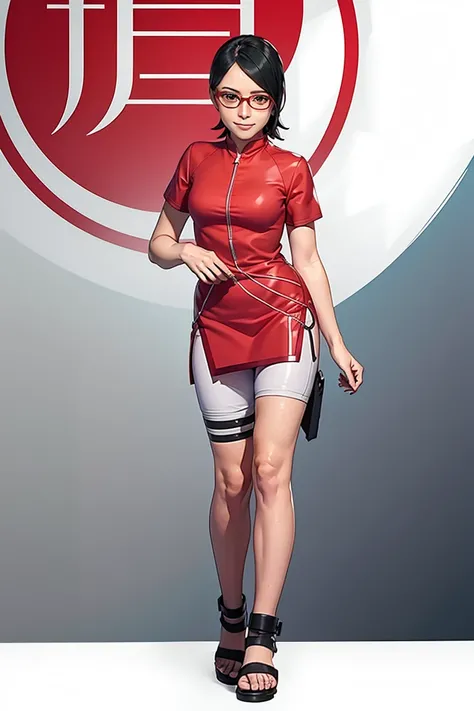 masterpiece, best quality, 1girl, Uchiha Sarada, Black hair, short hair, black eyes (Red glasses), black short , short sleeves, full body, looking at viewer, sketch, smile, solo,sarada wears a red qipao dress — at various times either with or without short...