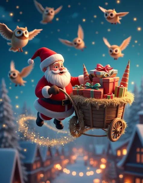 Heres a revised version of the prompt, tailored to a very cute image of Santa Claus carrying gifts from a cart tied by owls:

"Highly detailed, dynamic, cinematic, stunning, realistic lighting and shadows, vivid, vibrant, octane rendering, Unreal Engine, h...