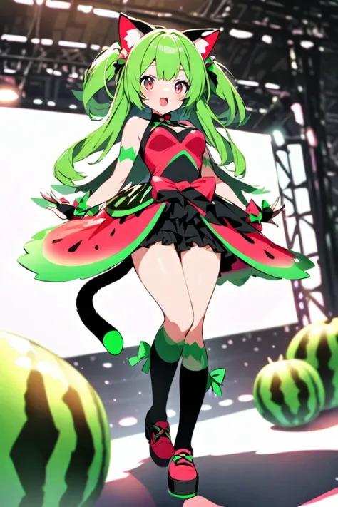 Idol cartoon girl。Cat ears and cat tail 。 Watermelon-inspired design。Watermelon-inspired color 。whole body