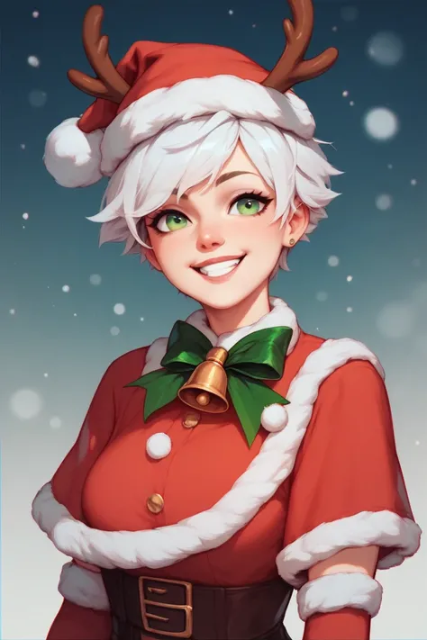 A girl with short white hair with green eyes smiling and wearing Christmas clothes