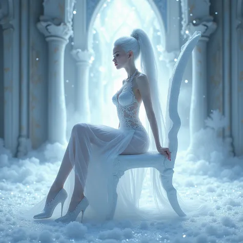 background the Frost, white Aura , hips up, 8k, hd, from knees to head picture poses, only show from knees to head poses, milky white skin, focus on the character, human skin, sitting on a throne mode of ice crystals ,  ,1girl, Solo, ultra details skin, ul...