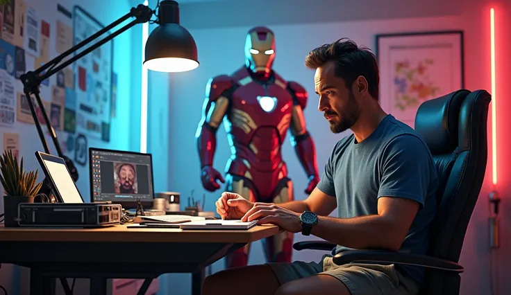 Create high-quality, hyper-realistic image, tony stark sitting at his desk in pants and shorts while his iron man suit charging in the background, environment is colorful